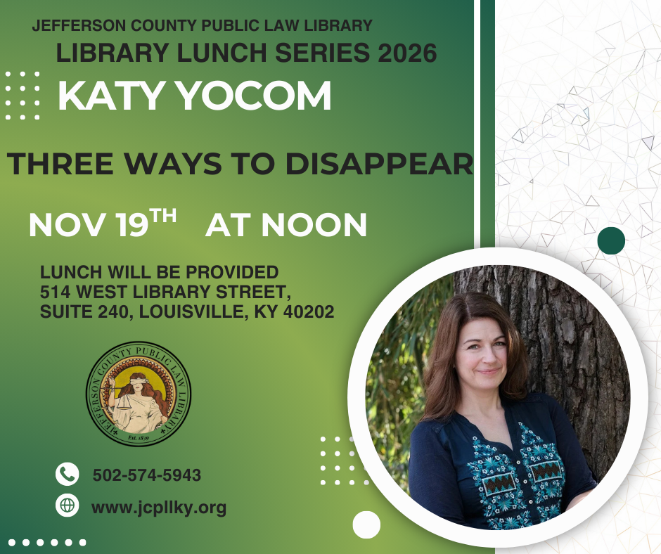 Flyer for Jefferson County Public Library Lunch Series 2026 featuring Katy Yocoms Three Ways to Disappear on Nov 19th at noon. Includes photo of Katy Yocom, library logo, event address, contact info, and lunch details.