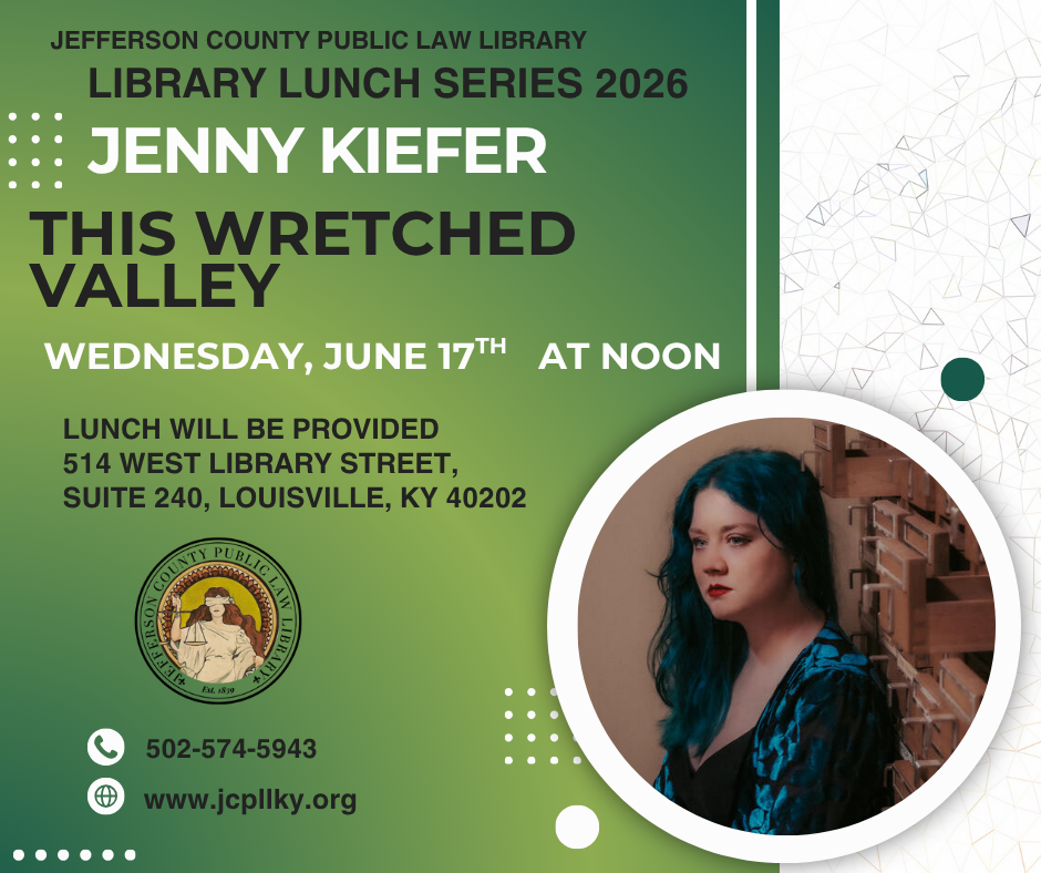 Promotional flyer for a Library Lunch Series event featuring Jenny Kiefer and her work This Wretched Valley on Wednesday, June 17th at noon. Includes contact info, address, library logo, and a photo of Jenny Kiefer with blue hair.